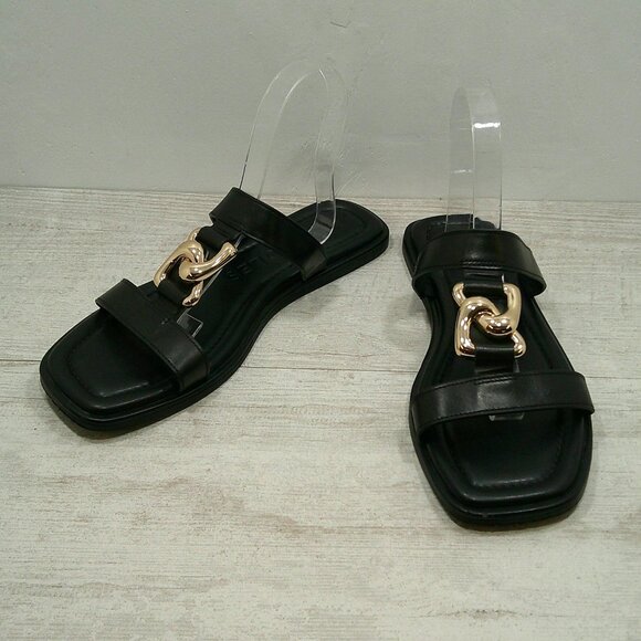 Aerosoles Boston Women\'s Black Leather Flat Sandals with Chain Detail Size 9.5 M